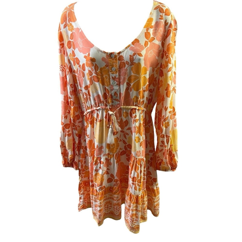 Petal And Pup Tiered Mini Dress 10 Orange Floral BOHO Cottagecore Flowy Romantic - Picture 2 of 11